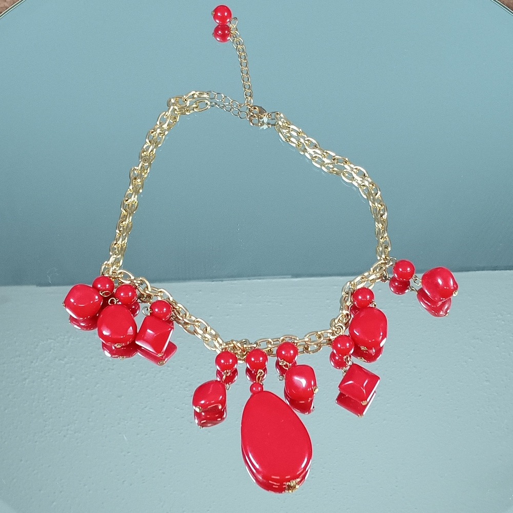 Statement Necklace Gold Chain Red Bead Teardrop‎ Charm Fashion Jewelry